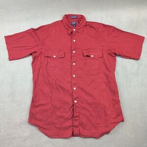 Kenneth Gordon Large Mens Red Cotton Linen Short Sleeve Button Down Shirt USA